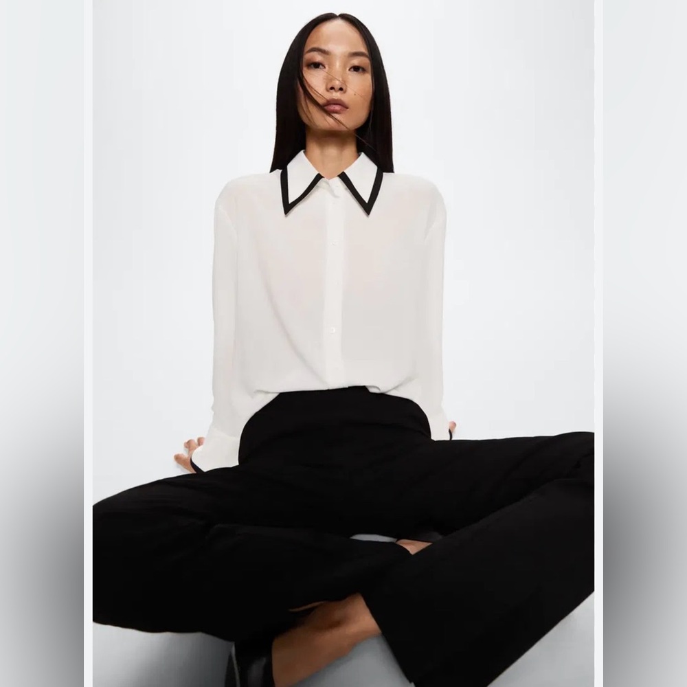 Mango White Blouse with Black Contrast Collar